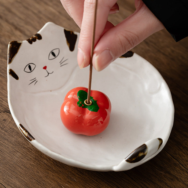 可爱胖猫线香炉粉引檀香盘香炉底座家用线香插陶瓷香道茶道零配