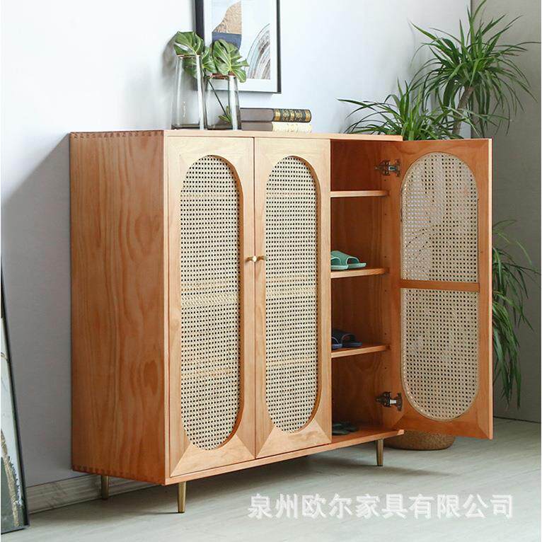 北欧实木鞋柜家用入户隔断玄关柜客厅藤编透气门厅柜开门储物柜