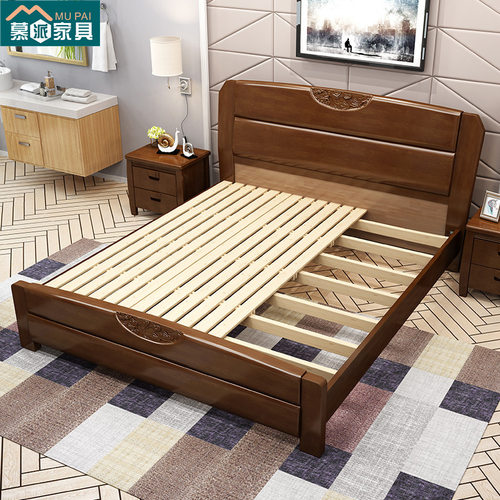 新中式实木床经济型储物床1.8米双人床1.5米单人床橡胶木实木床