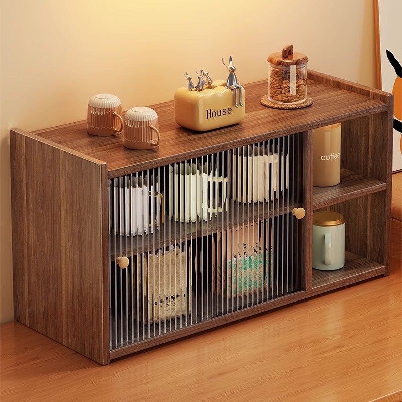 餐桌台面双层推拉防尘储物柜桌面杯子收纳置物架办公室桌上整理柜