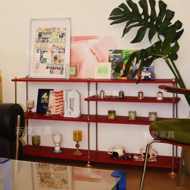 设计师款丝杆红色架北欧桦木置物架落地多层收纳架客厅陈列展示架