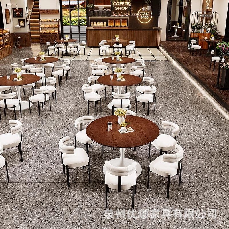 咖啡厅中古风实木圆形餐桌椅子现代简约家用客厅白蜡木胡桃色圆桌