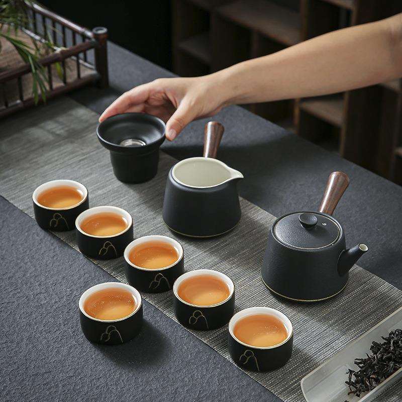 晟翔陶瓷茶具黑陶金线侧把壶10件套家用