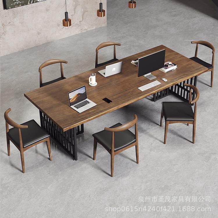 北欧实木长条桌子复古休闲工业风会议桌椅公司电脑办公培训工作桌