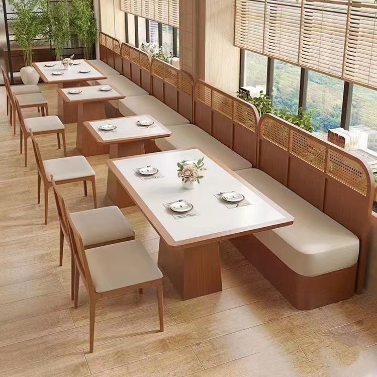 简约茶餐厅咖啡馆家具中高档实木桌椅桌椅编藤卡座沙发配套组合
