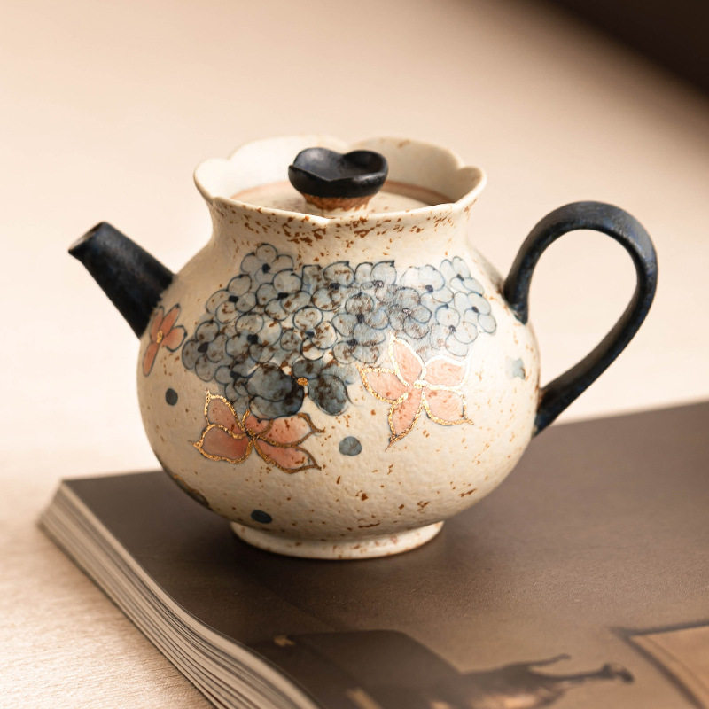高档青花火石红茶壶描金绣球花花蕾壶泡茶家用茶具中式国潮泡茶壶