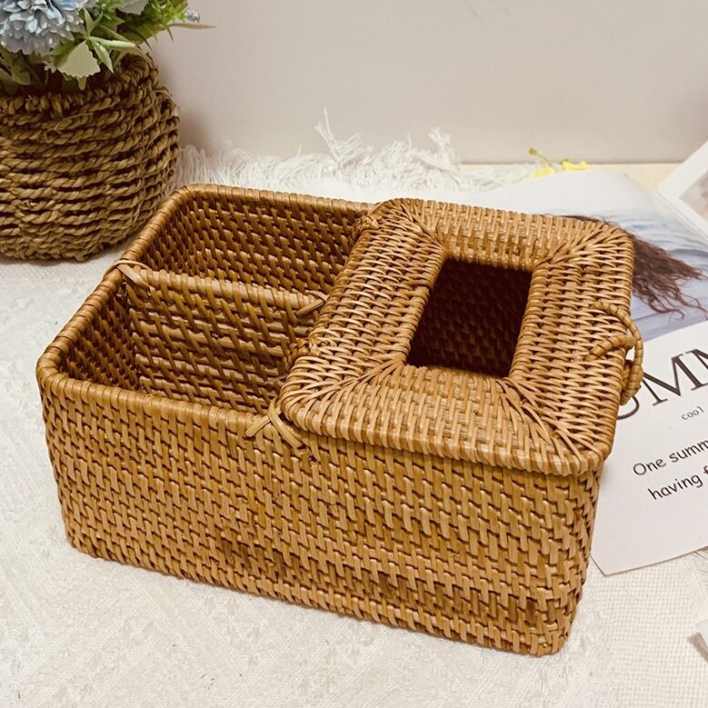 越南藤编纸巾盒可放桌面餐纸筒盒客厅多用收纳抽纸盒创意简约实用