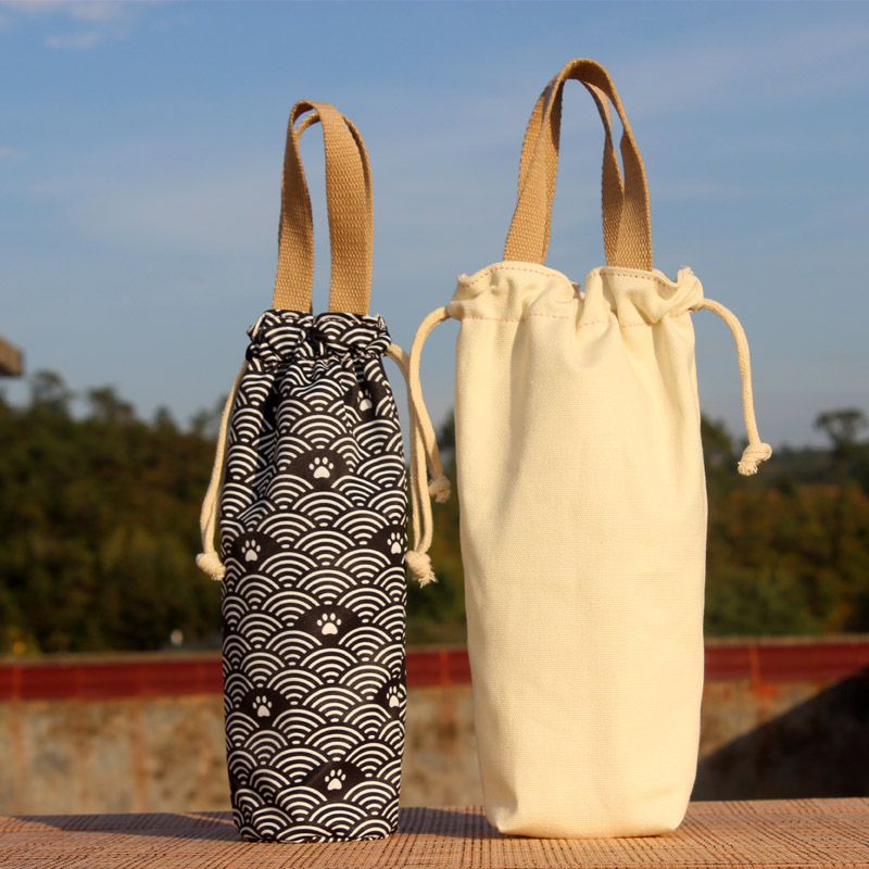 保温杯套a通用带提绳便携800ml环保帆布500日系和风文艺纯色水杯