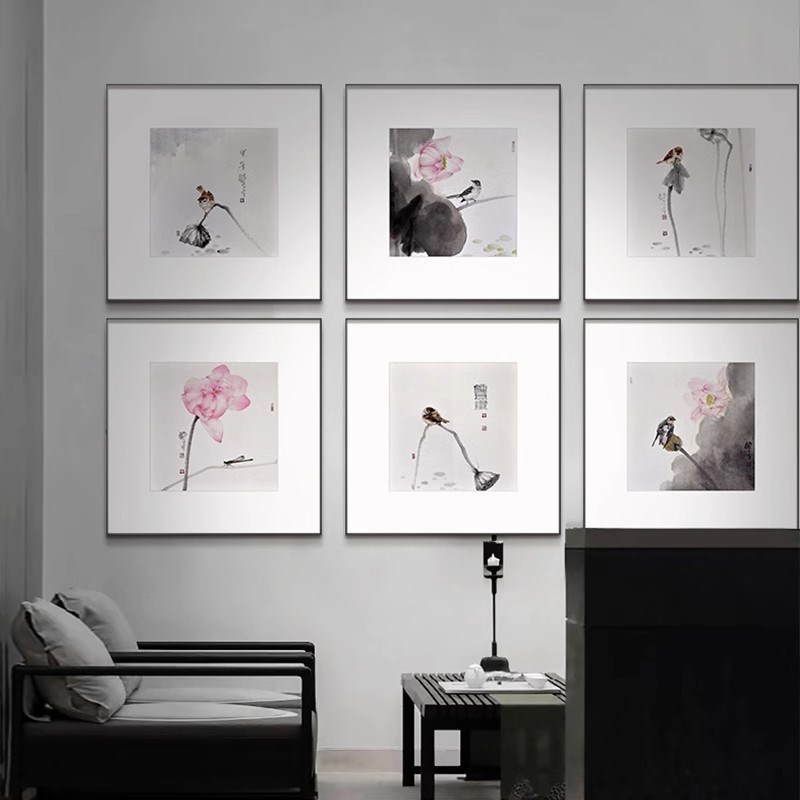 新中式方形禅意茶室挂画水墨荷花民俗酒J店装饰画宣纸卡纸壁画高