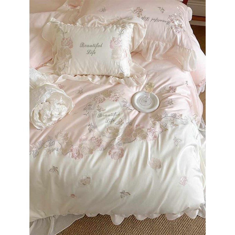 少女心纯棉100支双股长t绒棉四件套浪漫花卉刺绣被套全棉床上用品