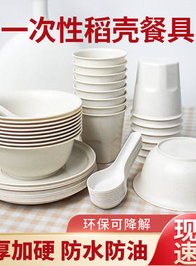 结婚派对家用餐饮档碗碟杯筷勺子散装组合可降解稻壳一次性餐具
