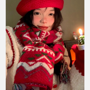 紅色圣誕a圍巾女冬季 百搭高級感針織毛線圍脖加厚保暖學生新 韓版
