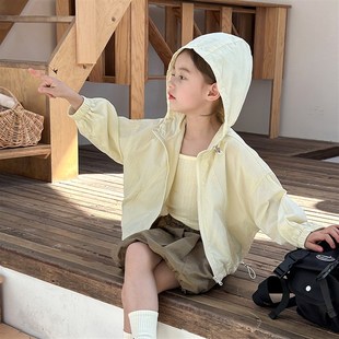 q女孩空調(diào)衫 兒童防曬服薄款 新款 連帽韓版 夏季 潮女童純色防曬衣透