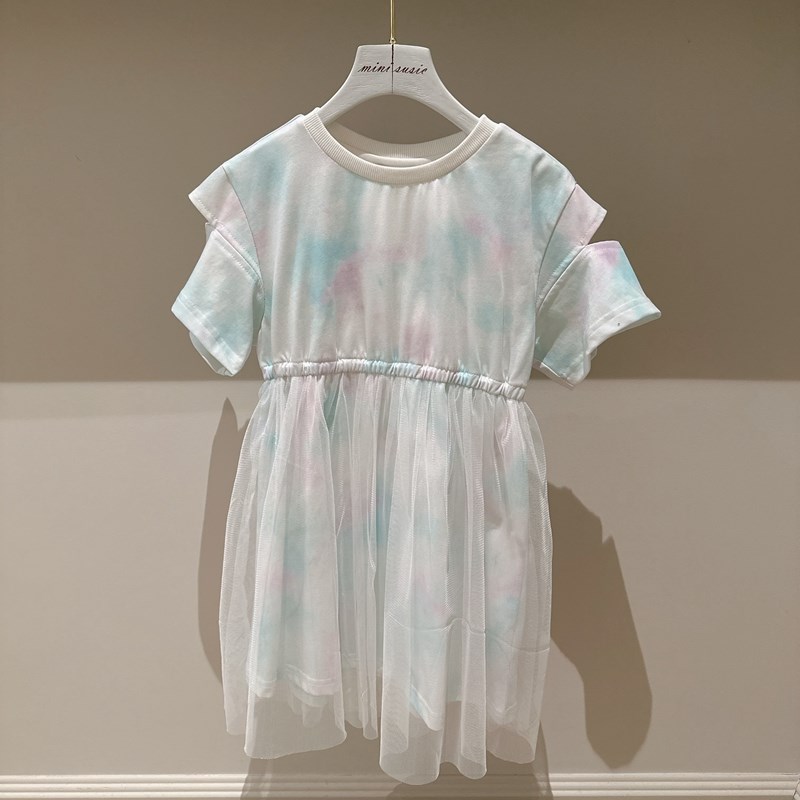 110-150韩系女童晕染拼接网纱露肩短袖连衣裙