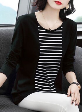 新款条纹b长袖t恤女上衣2023拼接中长款春秋季韩版宽松大码打底衫