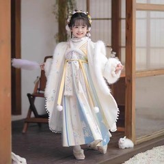 汉服女童a连衣裙加绒加厚斗篷套装拜年服假两件半袖黄色冬季中国