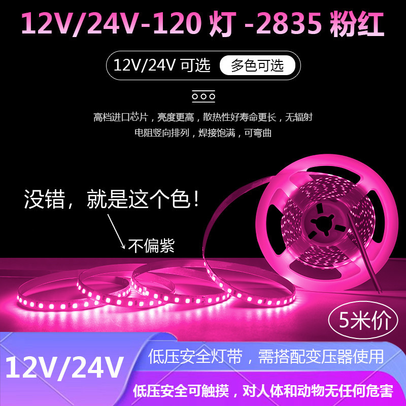 LED12V/24V超亮粉色灯带24V户外防水粉红色灯P带12V自粘线形灯带