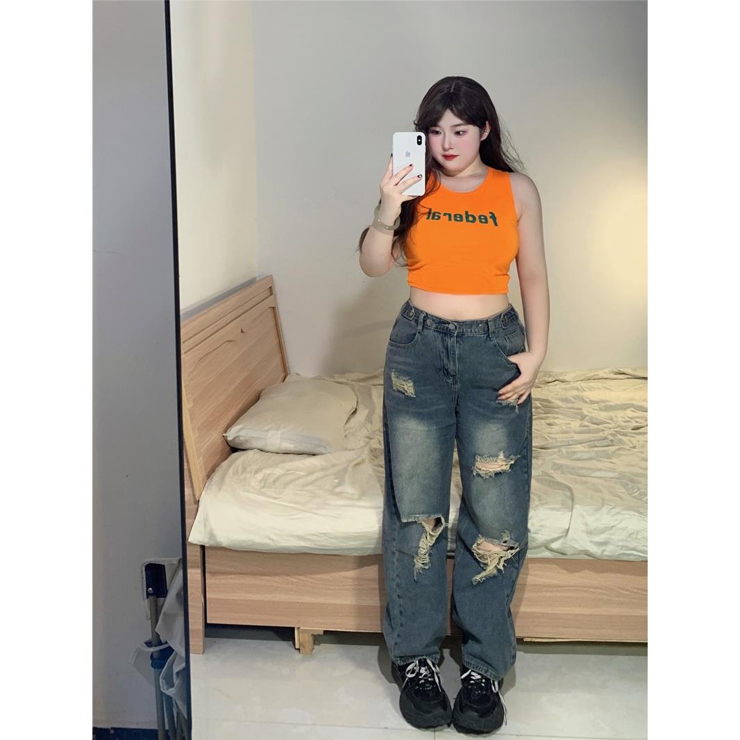 特大码300斤女装胖mm破洞牛仔裤女梨型身材高腰水洗直筒拖地裤子