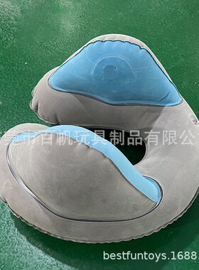 蓝色植绒充气蓝牙音乐枕头折叠便携U形颈枕R适用飞机汽车旅行