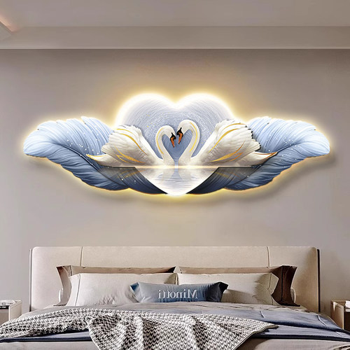 LED带灯轻奢羽毛天鹅床头画卧室挂画现代简约酒店装饰画主卧壁灯