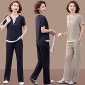 夏装 新款 40岁中年女士V领T恤夏季 运动服妈妈套装 短袖 休闲两件套女