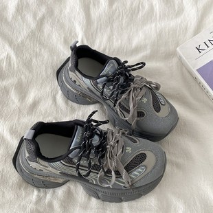 喜叔小众灰色歪头老爹鞋女款2025新款春秋厚N底轻便透气休闲运动