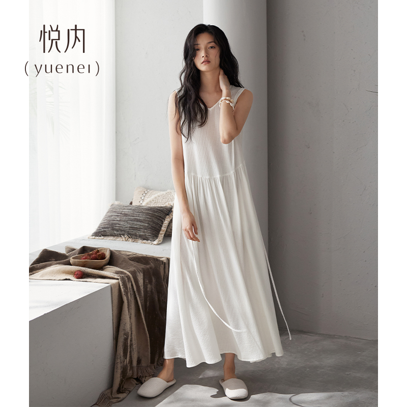 带胸垫睡衣睡裙女款夏季纯棉背心无袖白色高级感T连衣裙休闲可外