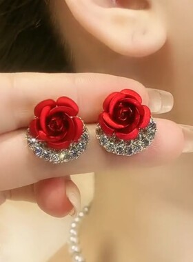 高级感红色玫瑰花耳钉耳环2023新款纯银针气质名媛耳饰