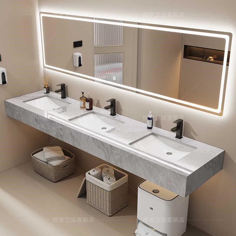 简约公共卫生间洗漱洗脸盆大理石双盆浴室柜组合大尺寸洗手台定制