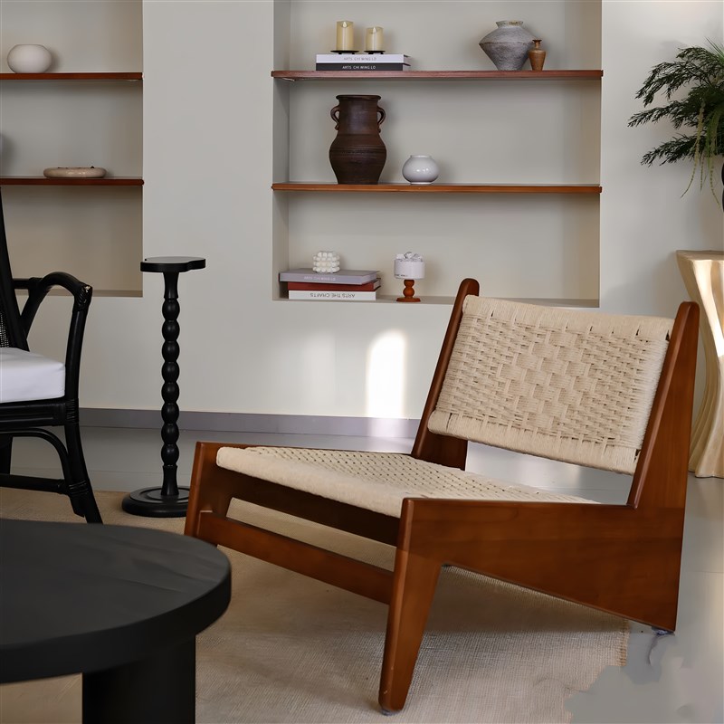 绳编袋鼠椅昌迪加尔躺椅侘寂风阳台休闲 H椅民宿实木沙发椅咖