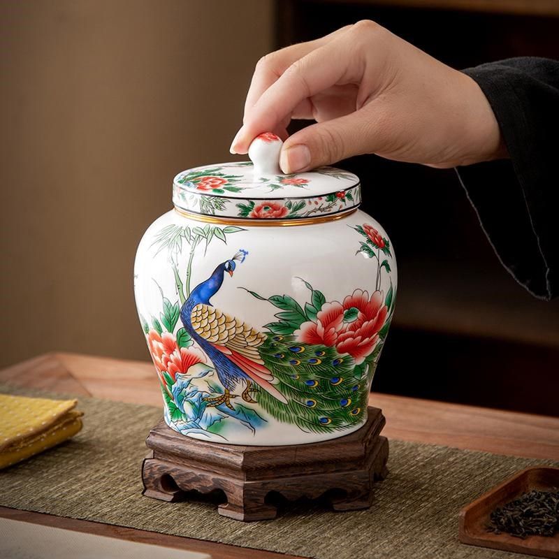 孔雀茶叶罐大号美人高罐中式国风储茶罐珐琅彩手工白瓷旋转螺纹盖,餐饮具,茶叶罐,淘宝优惠券,粉丝福利购,淘宝优惠卷