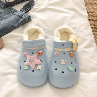 2025新款加绒棉洞洞鞋女冬季外穿保暖增高厚底毛毛棉拖鞋女士冬天