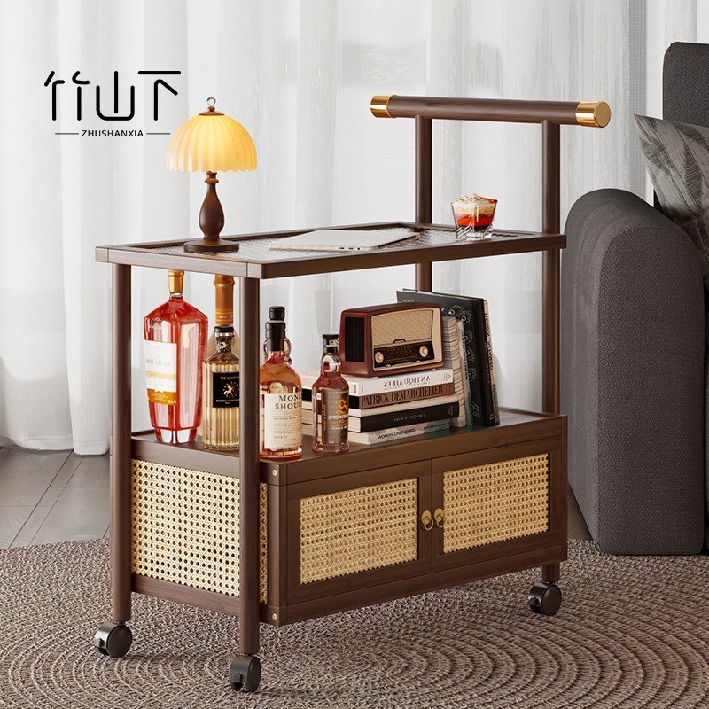 中古风小推车非实木移动可推拉家用复古茶几客厅沙发边几置物架子