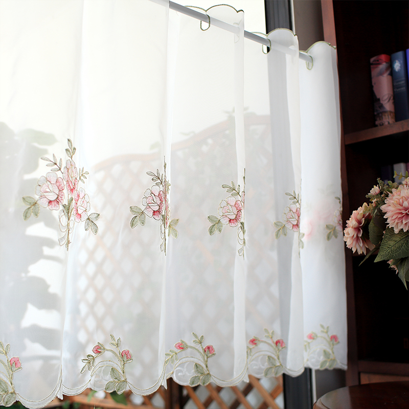 绣花刺绣半帘咖啡帘厨房唯美小短帘隔断帘窗帘纱门帘免Z打孔橱柜