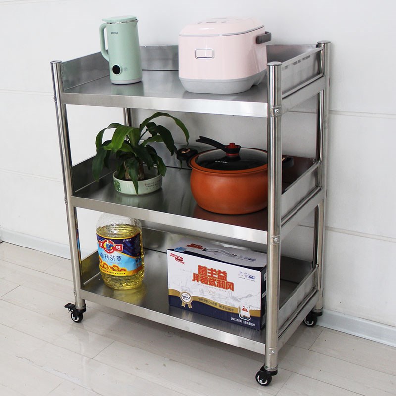 三面围挡不锈钢厨房置物架落w地式多层家用可移动储物架带轮子三