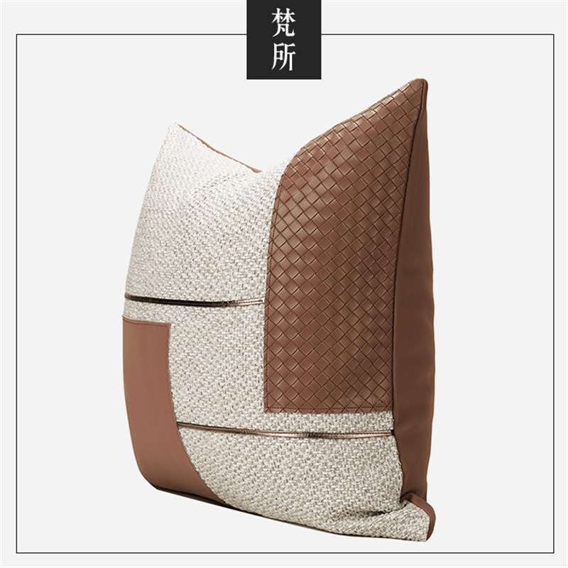 FANCY轻奢简约现代样板房客厅沙发设计师几O何靠包米橘色皮革抱枕