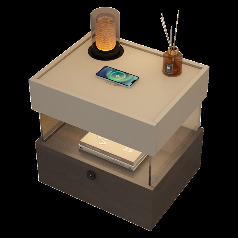 意式极简床头柜j带灯一体悬浮式床边柜无线 线充高级感指纹锁收纳