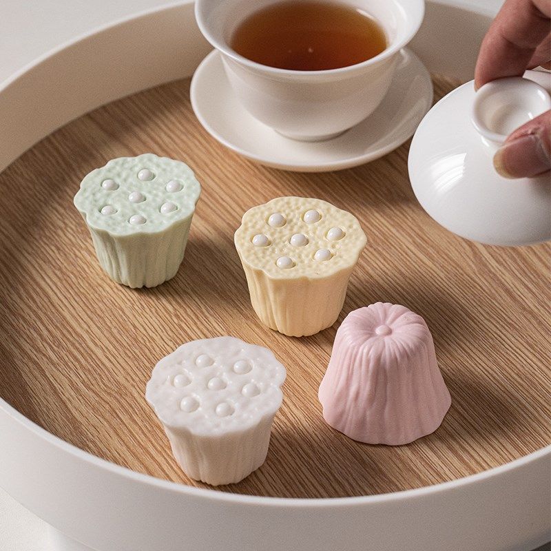 创意陶瓷莲蓬盖置盖托马卡龙色紫砂壶盖托盖碗盖子架功夫茶具配件