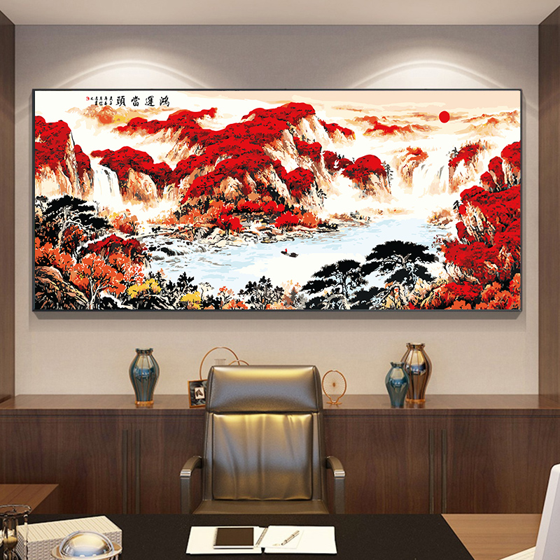 国画山水数字油i画diy填色画客厅办公室手绘装饰画鸿运当头聚宝盆