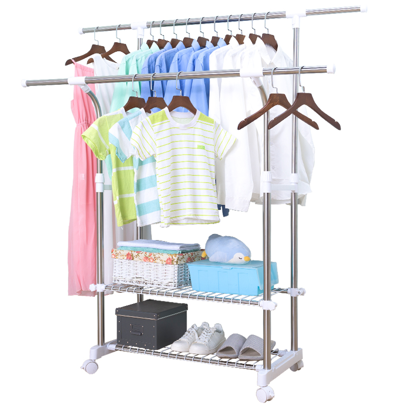 不锈钢晾 衣架落地折叠双杆 式室内移动家用阳台小型双层晒挂架子