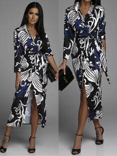 dress秋季 strapping 女装 气质印花开衫 V领绑带连衣裙 长袖 neck