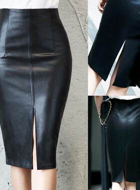 5XL size PU leather skirt PU women dress前开叉半身裙大码皮裙