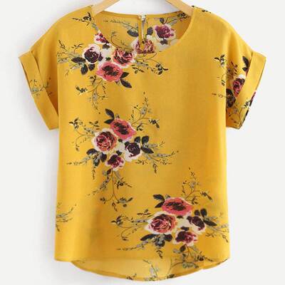 Summer Fashion Floral Print Blouse Pullover Ladies O-Neck Te