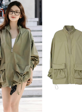 许我耀眼赵露思同款军绿色工装风衣女爆款设计感宽松休闲夹克外套