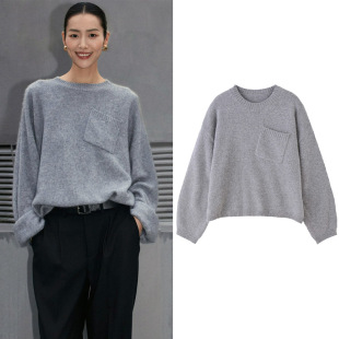 外穿针织衫 慵懒风宽松打底衫 短上衣 灰色圆领毛衣女25秋季 刘雯同款