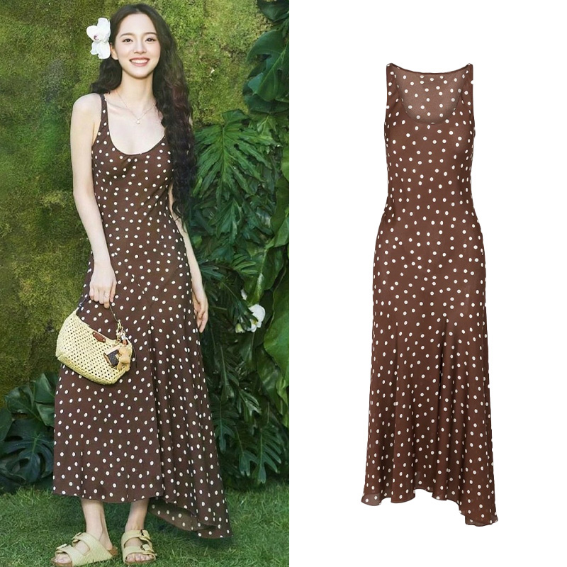 【现货】复古法式u领波点连衣裙