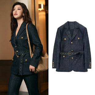 收腰显瘦高级感气质西服两件套 外套女秋季 朱珠同款 复古蓝牛仔西装