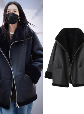 刘雯同款黑色大翻领机车皮衣外套女冬季今年流行爆款皮毛一体大衣