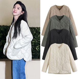 章若楠同款 外套休闲风轻薄小棉袄 复古无领菱格棉服女今年流行爆款