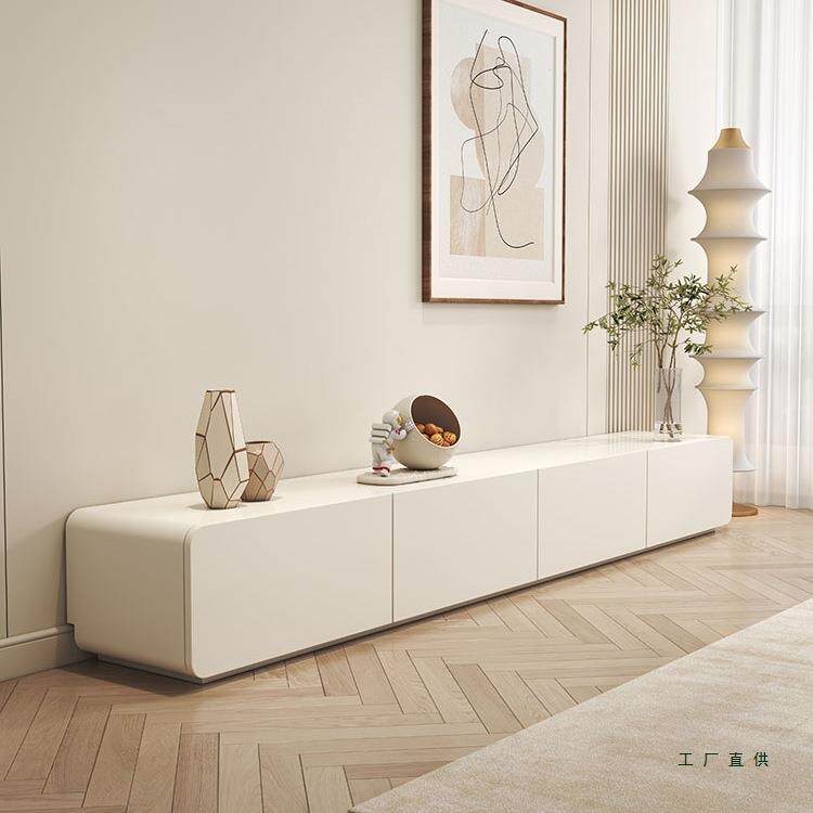 奶油风电视柜茶几组合现代简约实木圆角客厅家用白色落地电视柜